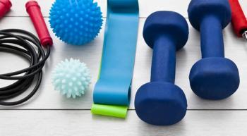 Exercise equipment including a jump rope, resistance bands and hand weights.