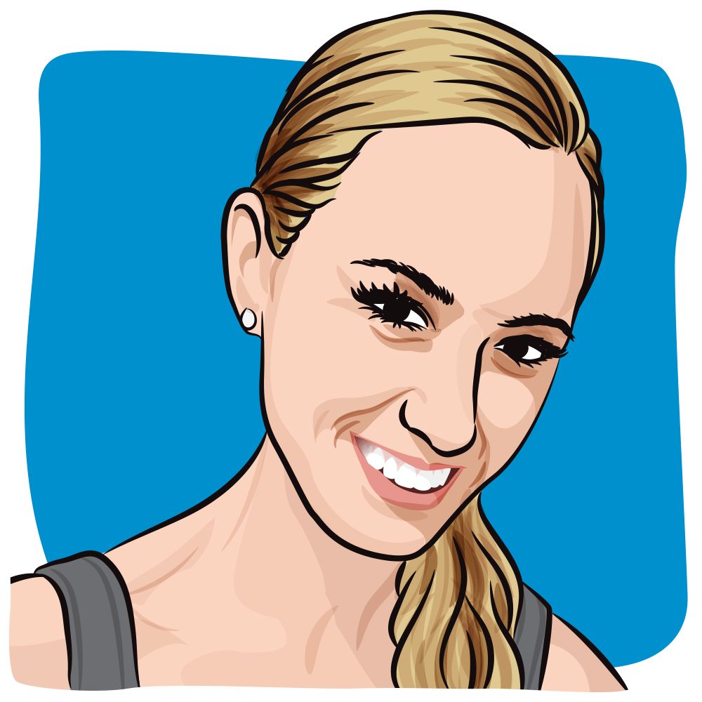 Illustration of a woman with long blonde hair in a ponytail. 