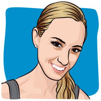Illustration of a woman with long blonde hair in a ponytail.