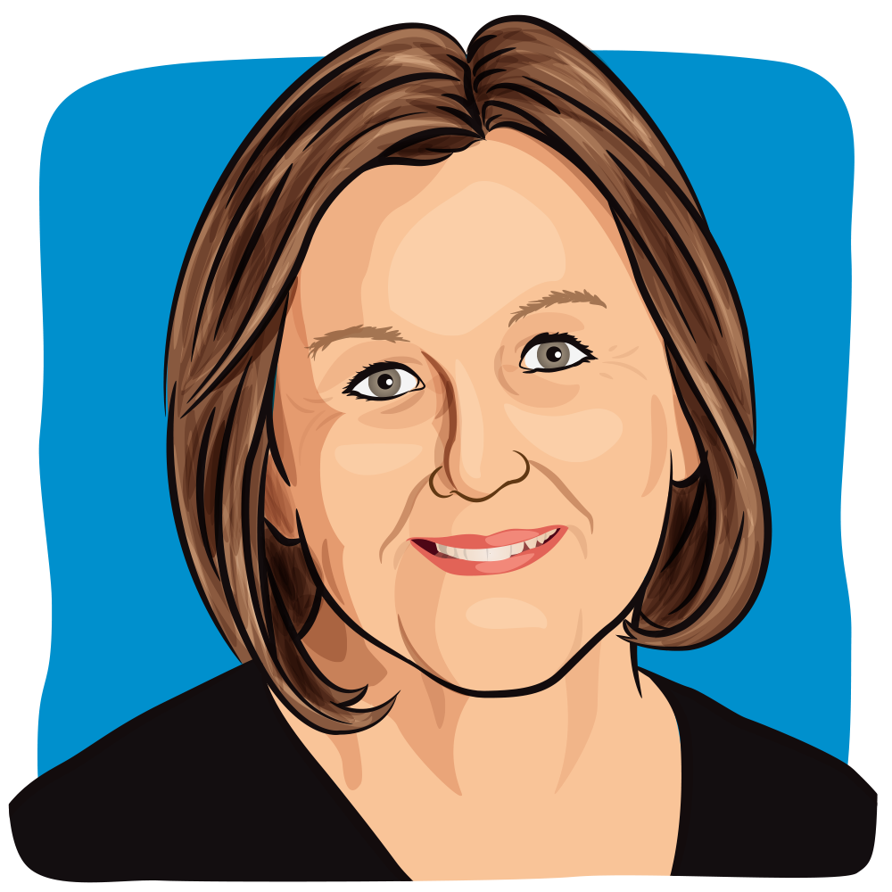 Illustration of a woman with smooth shoulder-length brown hair, hazel eyes and a pleasant smile.