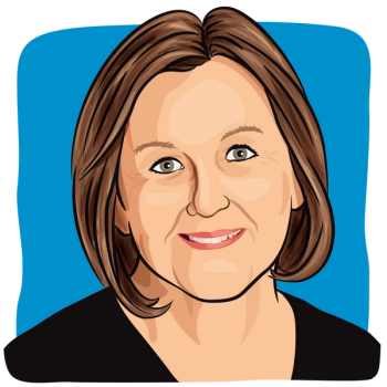 Illustration of a woman with smooth shoulder-length brown hair, hazel eyes and a pleasant smile.