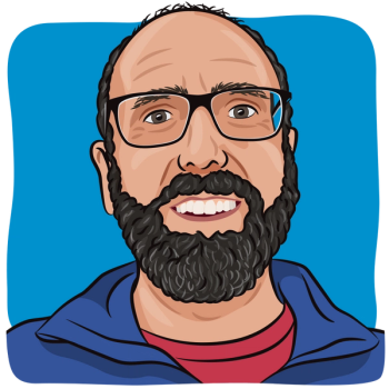 Illustration of a man with dark hair, glasses and a dark beard.