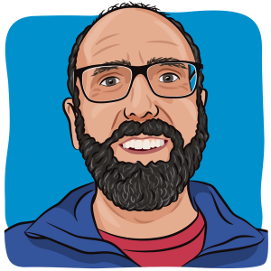 Illustration of a man with dark hair and a dark beard with glasses.