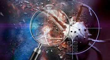 Image of a myeloma cell with a magnifying glass over it.