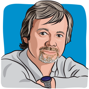 Illustration of a man with short gray hair and a gray goatee.