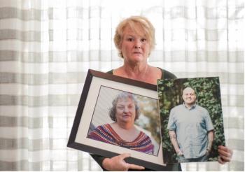 Breast cancer survivor, Sonja Atkins, holding photos of her mother and son, who also had cancer| Photo credit: Kay Meyer
