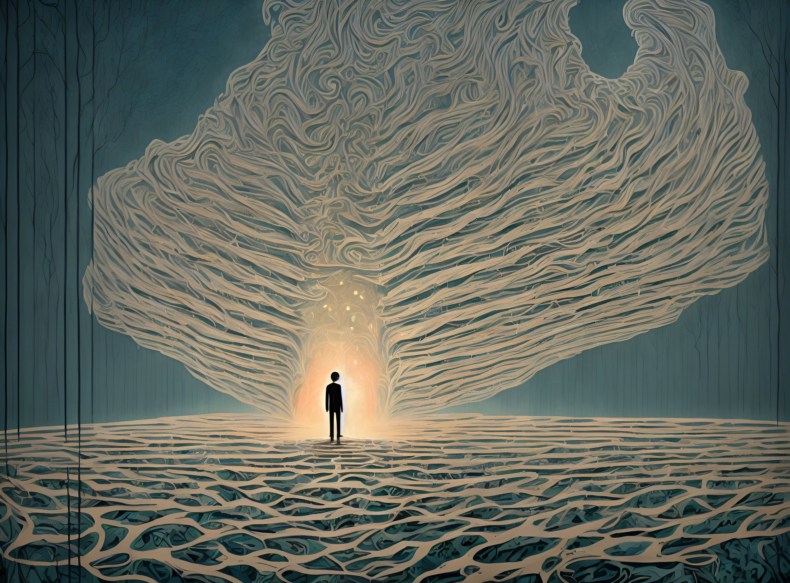 Image of a person standing alone in the sand, with an illustration of swirls above them.