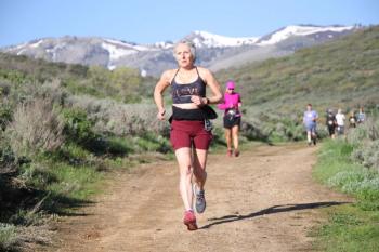 Kate Rice, who received a diagnosis of stage 4 anaplastic thyroid cancer in October 2021, pictured on a trail run in 2023. Photo courtesy of the Park City Trail Series.