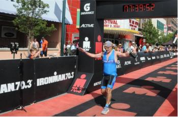 Cancer survivor Robert Atteberry completing the 2019 Ironman 70.3 Traverse City