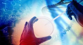 gloved hands dropping something in a petri dish; genetic images in the background