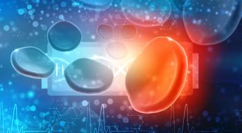 Image of red blood cells over technology circuit boards.