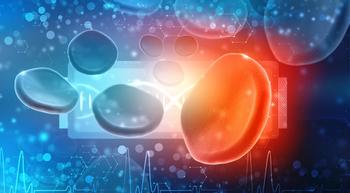 Image of red blood cells over technology circuit boards.