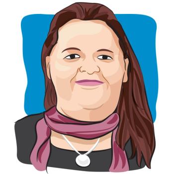 Illustration of a woman with brown hair and a pink scarf.