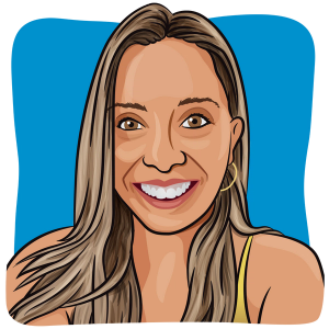 Woman with long light brown hair and light brown eyes smiling brightly.