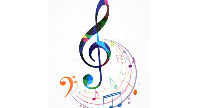 rainbow G clef with music notes coming out of it