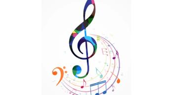 rainbow G clef with music notes coming out of it