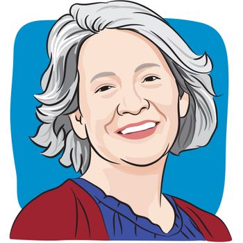 Illustration of a woman with a medium bob, wearing a blue top with a red cardigan.