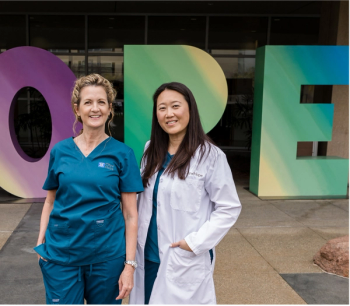 Two oncology nurses: From left: Mary Colasuonno, B.S.N, RN, BMTCN and Lesley Gan, M.S.N., M.S.H.A, RN, EBP-C Photos by Alyssa Stefek