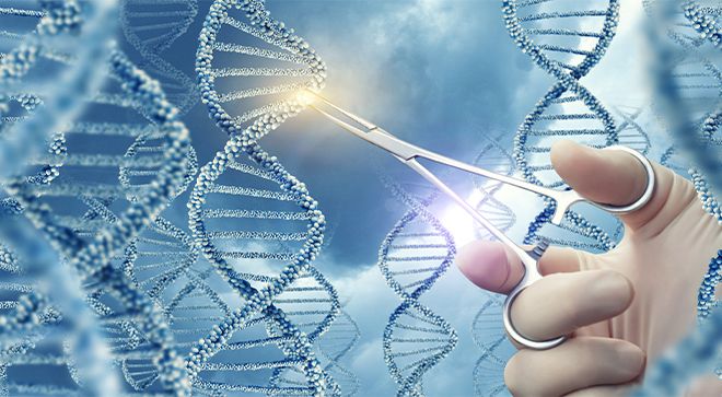 Image of DNA strands and a person touching one with a surgical instrument. 