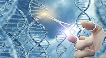 Image of DNA strands and a person touching one with a surgical instrument.