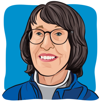 Illustration of a woman with shoulder-length gray hair, wearing round glasses.