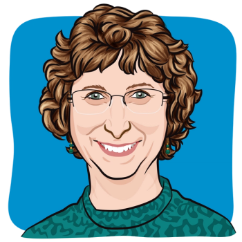 Illustration of a woman with short light brown hair, wearing a green sweater.