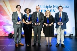 Five individuals were honored at CURE®’s Multiple Myeloma Heroes® for their contributions to the myeloma space.   From left: Dr. Cesar Rodriguez Valdes, Tiffany Williams, Cynthia Chmielewski, Dr. C. Anthony Blau, J.P. Kealy