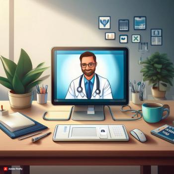 Cartoon image of a doctor on telehealth. Image generated by Adobe Firefly.