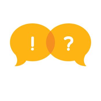 Two yellow speech bubbles: one with an exclamation point, one with a question mark