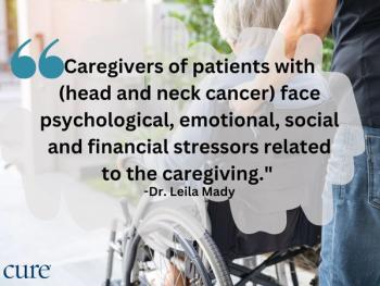 The following pull quote, against a background of someone pushing a loved one in a wheelchair: Caregivers of patients with (head and neck cancer) face psychological, emotional, social and financial stressors related to the caregiving."