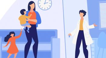 Illustration of a mother with two children at the doctor's office.