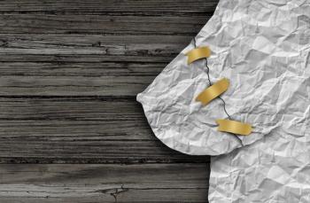 Image of a dark wooden background with a paper image of breast with three pieces of tape on a tear.
