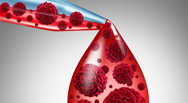 A red blood drop coming out of a dropper with large cells illustrated.