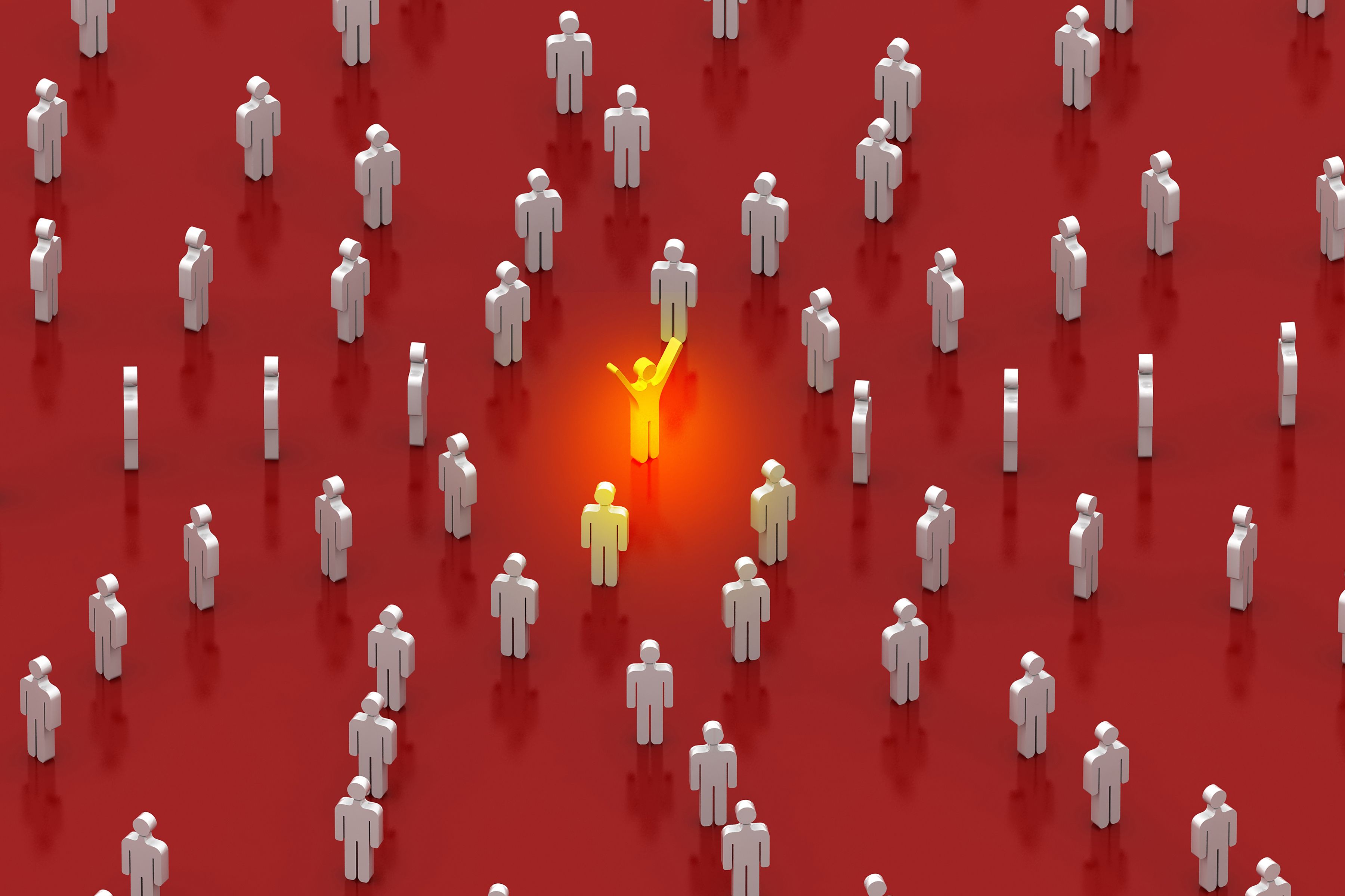 Cartoon people walking toward a yellow person in the center