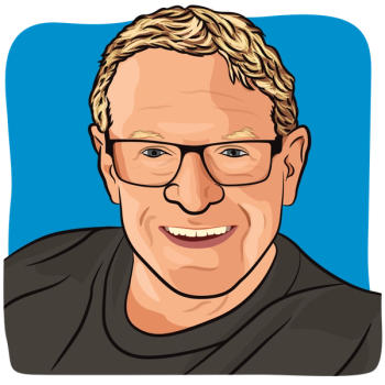 Illustration of a man with blond hair wearing rectangular glasses.