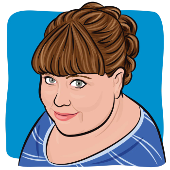 Image of a woman with brown hair in a bun with bangs, wearing a blue t-shirt. 