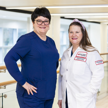 From left: ELZBIETA KOWALSKI, M.S.N., RN, CCRN, and SUSAN RUX, PH.D., D.N.P., RN, FACHE, NEA-BC, OCN   PHOTOS BY KRISTA PATTON