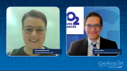 a man and a woman in front of a dark blue background for CURE Speaking Out a man and a woman in front of a dark blue background for CURE Speaking Out