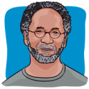 Illustration of a man with round classes and a goatee.