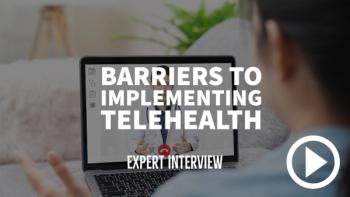 Person talking to doctor on computer. Writing: Barriers to implementing telehealth - expert interview.