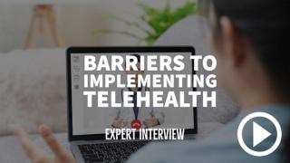 Person talking to doctor on computer. Writing: Barriers to implementing telehealth - expert interview.
