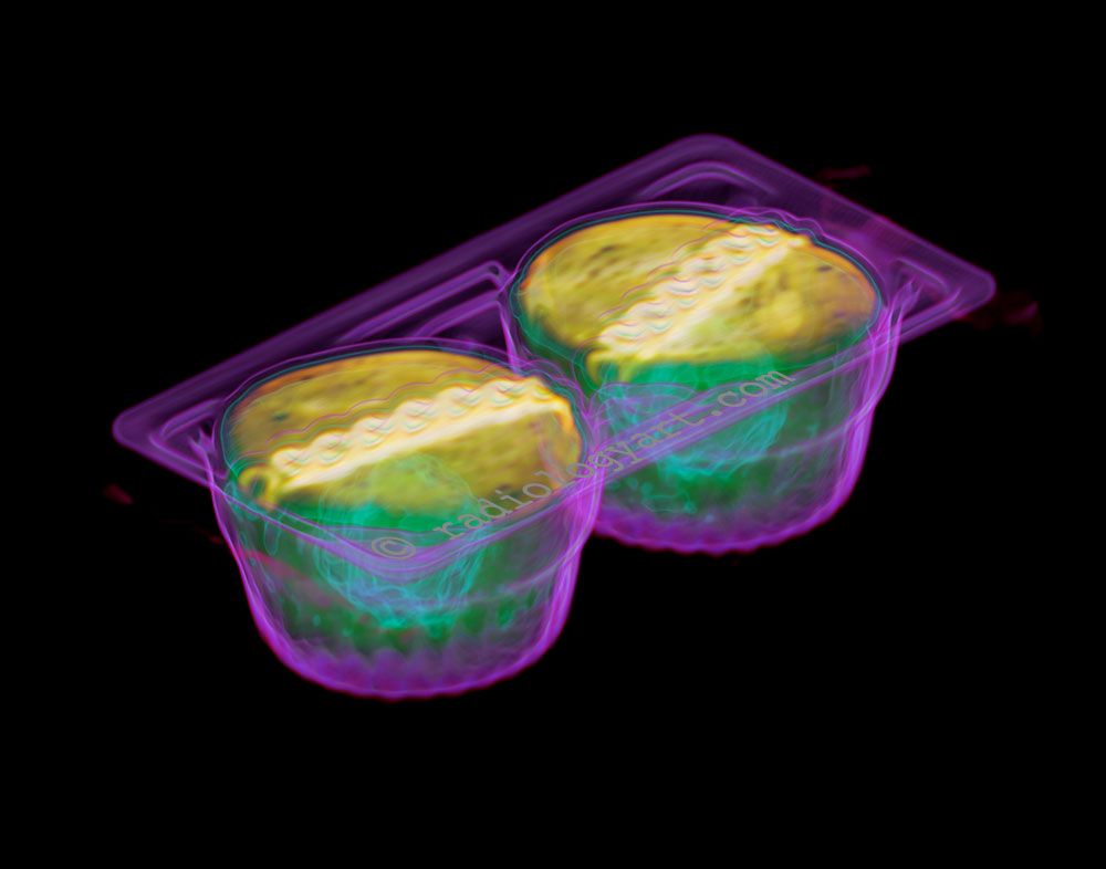 CT scan of a package of creme-filled chocolate cupcakes.