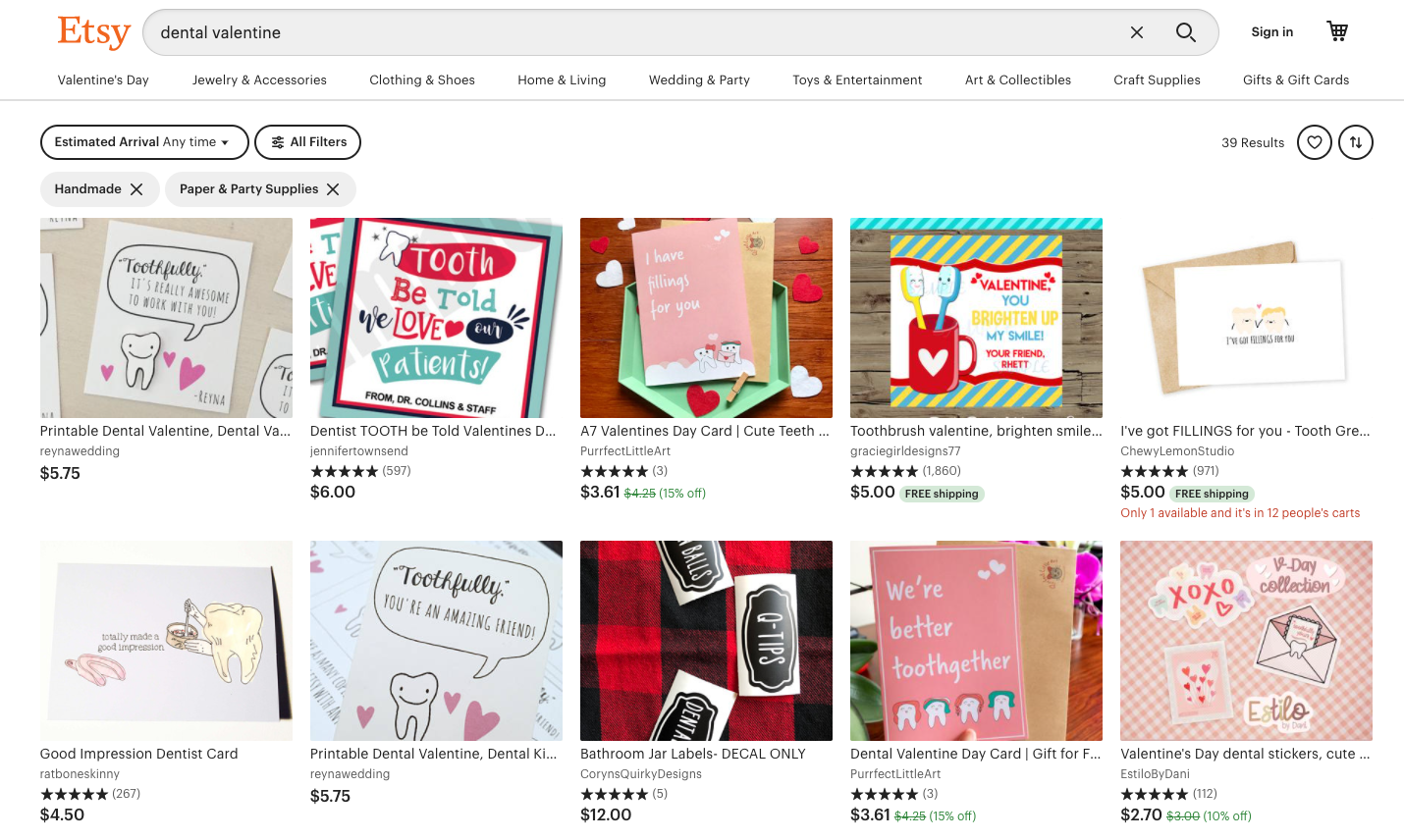 Dental Valentine's Day cards at Etsy
