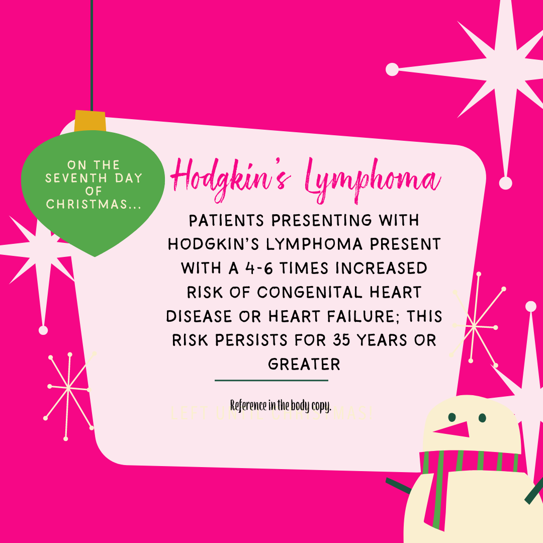 Hodgkin's Lymphoma: Patients presenting with Hodgkin's Lymphoma present with a 4-6 times increased risk of congenital heart disease or heart failure: this risk persists for 35 years or greater.