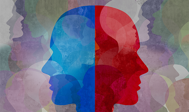 two faces red and blue 