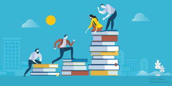 Students climbing books