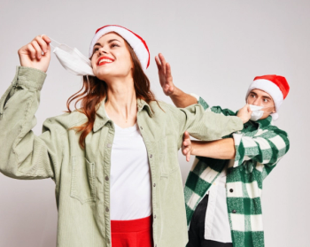 couple with COVID-19 masks and holiday attire