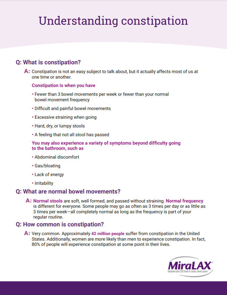 FAQs about Constipation will help facilitate the often difficult conversation about constipation with your patients.