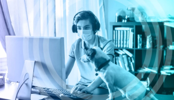 man with mask beside dog