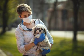 pet owner wearing mask carrying dog